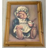 A large pine framed & glazed print of a teddy bear.