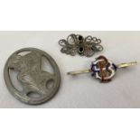 2 silver brooches together with a large pewter brooch by Kirk Stieff.