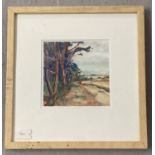 Judy Scott, Norfolk artist, gouache entitled "Track and Pinetrees near Stiffkey".