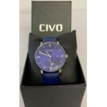 A boxed men's wrist watch by Civo. Blue dial with date function and second dial.