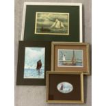 4 small paintings by Norfolk artist Pamela Richardson, depicting boats, some framed & glazed.