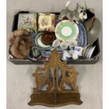 A box of mixed items to include willow pattern meat plates, hand cymbals, card trinket boxes
