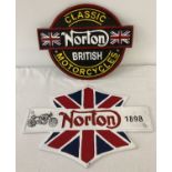 2 painted cast metal iron Norton motorcycles wall plaques with Union Jack detail.