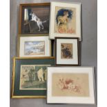 6 framed and glazed assorted vintage watercolours and prints.