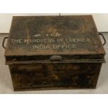 A vintage metal dispatch box with hand painted " The Marquis Of Crewe K.G India Office".