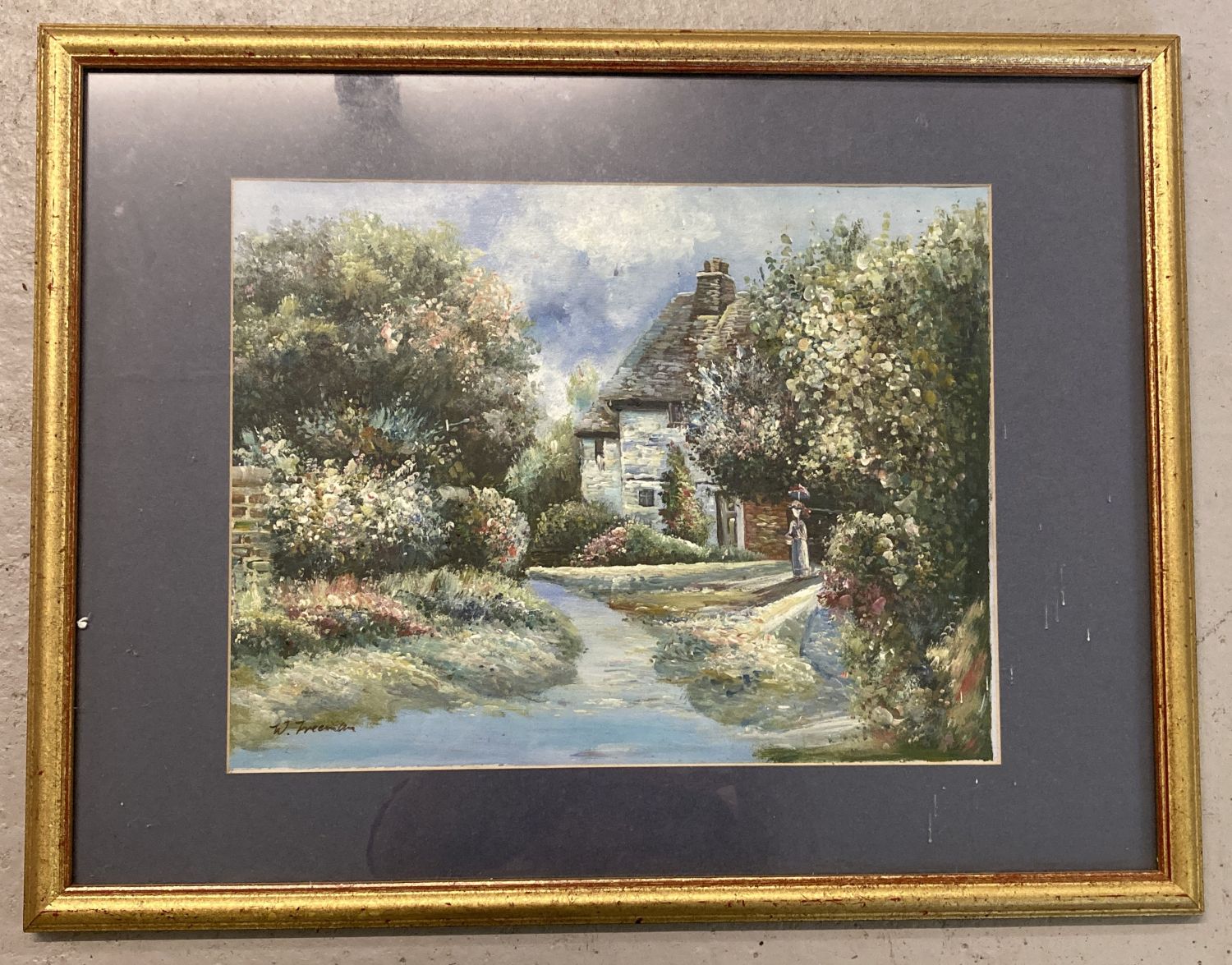 A signed acrylic painting depicting a woman in an English Cottage garden.