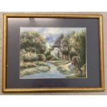A signed acrylic painting depicting a woman in an English Cottage garden.