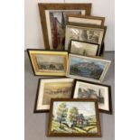 A box of 12 prints, engravings and oils paintings, some framed and glazed, some just framed.