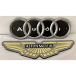 2 painted car manufacturer cast metal wall plaques; Audi and Aston Martin.
