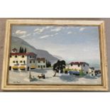 A framed oil on board of a Mediterranean island market place by Hext Knight.