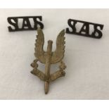 WWII style S.A.S theatre made cap badge and shoulder titles.