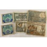 A collection of 6 vintage French bank notes.