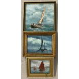 3 small unsigned oil on board paintings by Norfolk artist Pamela Richardson, depicting boats.