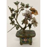 An oriental miniature wire and semi precious stone bonsai tree in a cloisonné pot.
