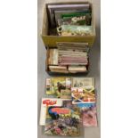 2 boxes of mixed ephemera to include Giles and Observer books, cigarette card albums