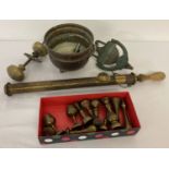 A small collection of metal ware, to include small brass goblets and fixings and a vintage sprayer.