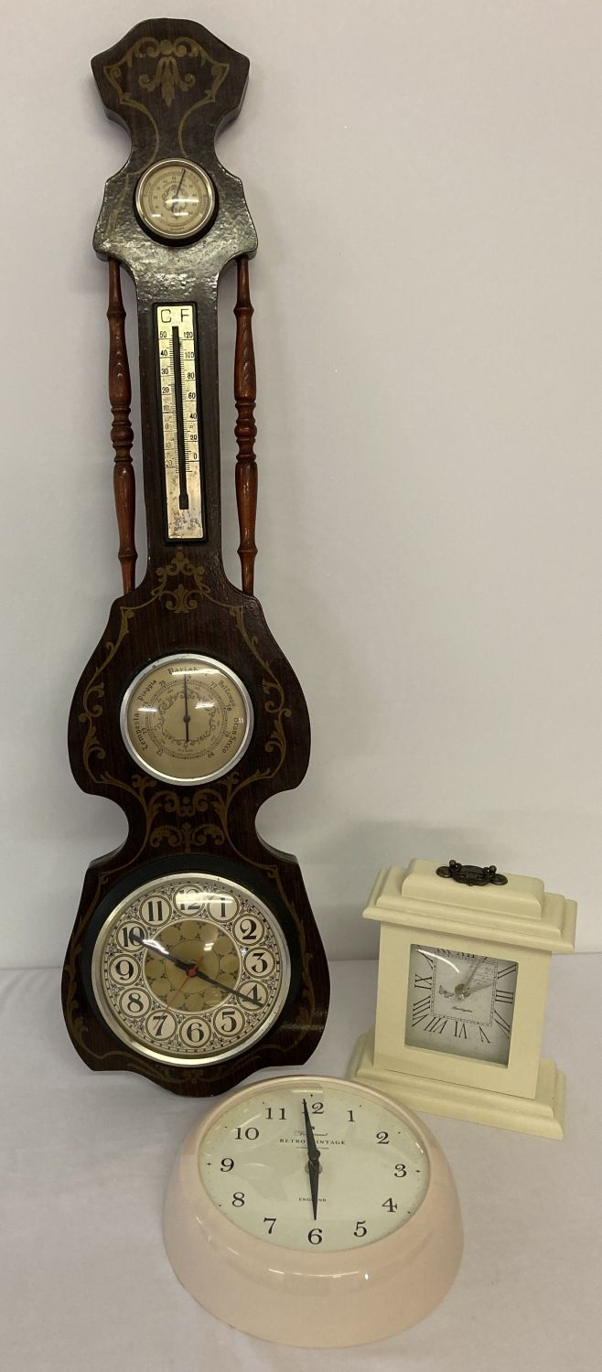 A battery operated clock/barometer together with a modern mantle clock & a modern kitchen wall clock