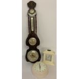 A battery operated clock/barometer together with a modern mantle clock & a modern kitchen wall clock