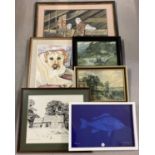 6 framed and glazed watercolours and prints in varying sizes.