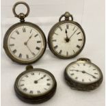 3 small silver pocket watches in varying conditions, together with one other.