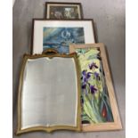 A vintage gilt framed mirror together with pictures.