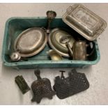 A box of assorted vintage silver plate and mixed metal ware items.