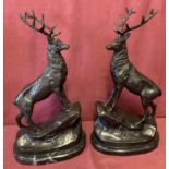 A pair of large marble based bronze figurines of stags.