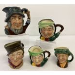5 Royal Doulton ceramic character toby jugs in varying sizes.