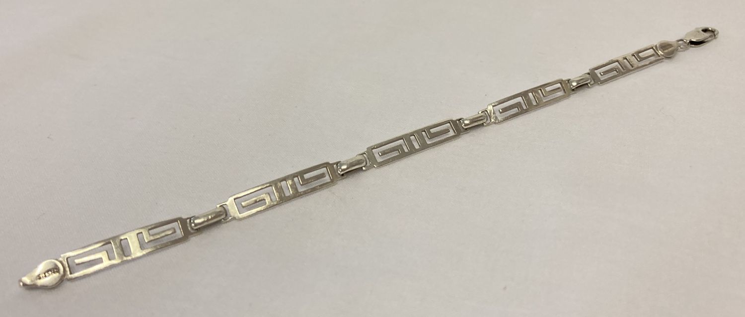 A decorative silver bracelet with Greek Key detail by Sixstar.