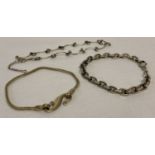 3 silver bracelets. A wheat style silver gilt chain bracelet with hook and eye clasp.
