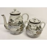 2 pieces of Oriental hand painted ceramics; a coffee pot and a matching 2 handled lidded pot.