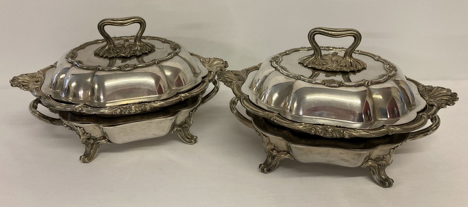 2 Victorian Sheffield silver plate lidded tureens with footed warming pans.