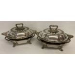 2 Victorian Sheffield silver plate lidded tureens with footed warming pans.