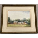 A framed and glazed watercolour of a farm, signed R Flemming, 86.