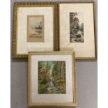 3 framed and glazed watercolours depicting coastal and rural scenes.
