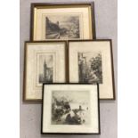 4 framed and glazed vintage etchings depicting buildings and churches in town and village settings.