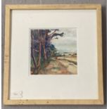 Judy Scott, Norfolk artist, gouache entitled "Track and Pinetree's near Stiffkey".