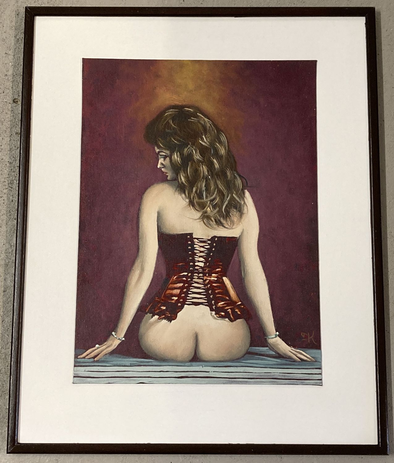 Krys Leach - original framed oil on board of a nude, entitled "Crimson Corset".