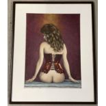 Krys Leach - original framed oil on board of a nude, entitled "Crimson Corset".