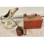 2 vintage oil cans; Westco and BP, together with a red painted half size vintage petrol can.