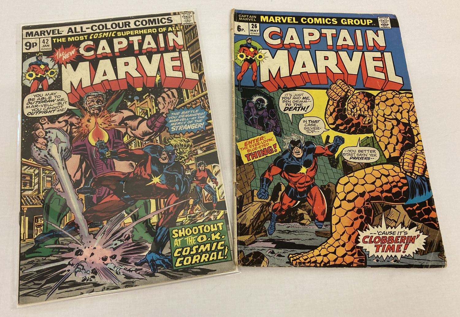 2 Captain Marvel Comic Books: Issues #26 (May 1973) & #42 (Jan 1975).