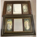 2 framed triple panel wall hanging mirrors. Each has a central mirror with prints to either side.