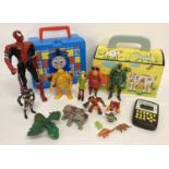 A quantity of misc. vintage toys to include painted wooden box and poseable play figures.
