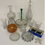 A box of assorted vintage glass items to include boxed pair of Holmegaard candle holders.