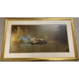 A large framed and glazed print of a spitfire in flight by Barrie A.F. Clark.