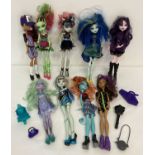 A collection of 9 Monster High dolls by Mattel with a small selection of accessories.