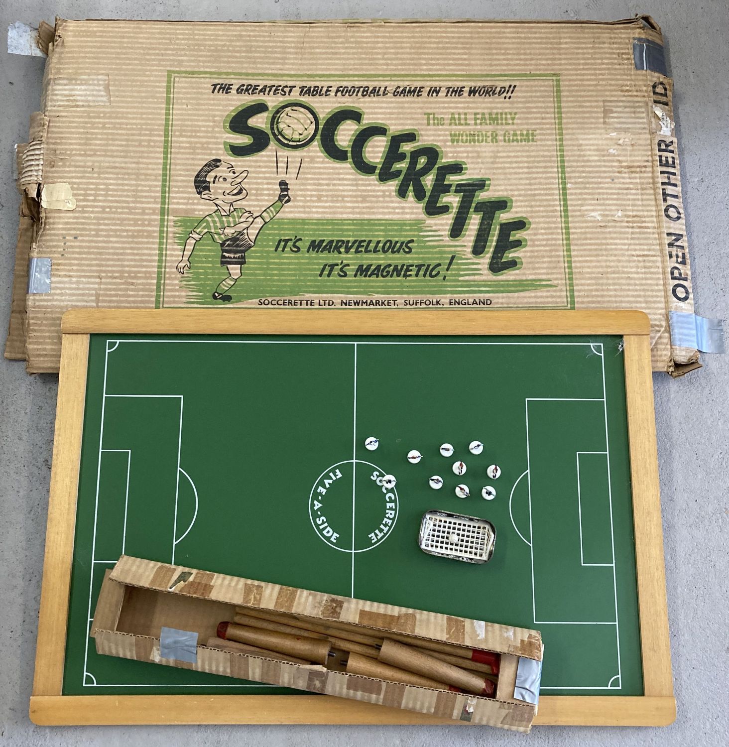 A vintage magnetic Soccerette game with original box by Soccerette Ltd, Newmarket, Suffolk.