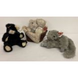3 soft toy cats. A black and white jointed cat by TY and a Beanie Babies grey cat by TY.