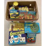 A quantity of vintage Spears board games together with a tin of Pick Up Monkeys a 2 Childrens books.