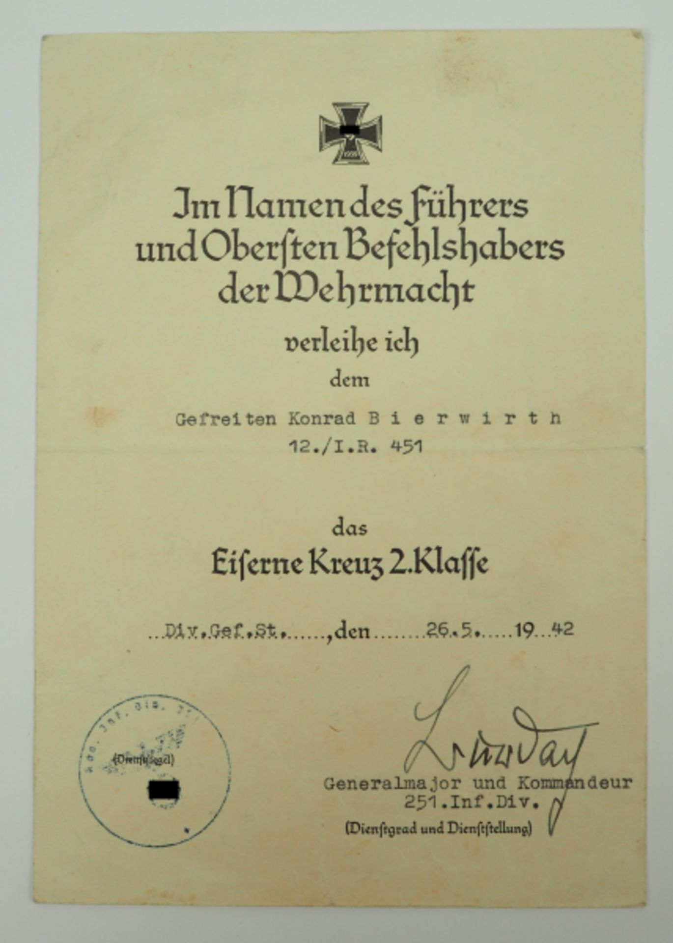 Eisernes Kreuz, 1939, 2. Klasse Urkunde für einen Gefreiten der 12./ I.R. 451 - Karl Burdach.